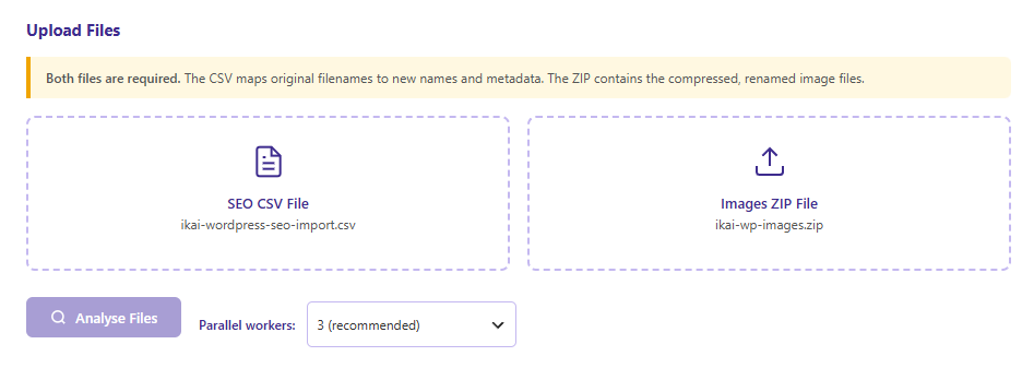 IKAI Media Importer WordPress plugin interface showing CSV and ZIP upload, Analyse Files button, and parallel workers setting
